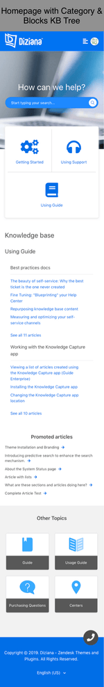 Diziana Arcturus Theme Homepage with Category Blocks and Knowledge Base Tree Mobile Version