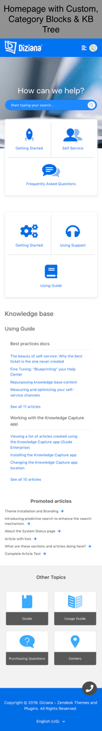 Diziana Arcturus Theme Homepage with Custom Blocks, Category Blocks and Knowledge Base Tree Mobile Version
