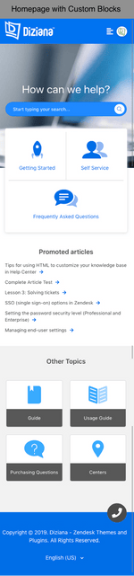 Diziana Arcturus Theme Homepage with Custom Blocks Mobile Version