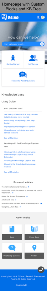 Diziana Arcturus Theme Homepage with Custom Blocks and Knowledge Base Tree Mobile Version