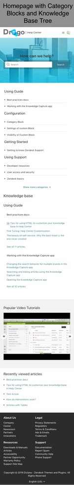Diziana Drogo Theme Homepage with Category Blocks and Knowledge Base Tree Mobile Version