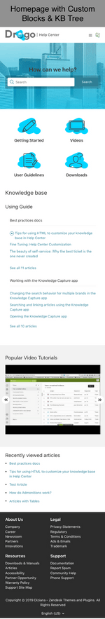 Diziana Drogo Theme Homepage with Custom Blocks and Knowledge Base Tree Mobile Version