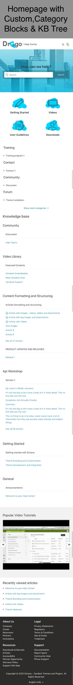Diziana Drogo Theme Homepage with Custom Blocks, Category Blocks and Knowledge Base Tree Mobile Version