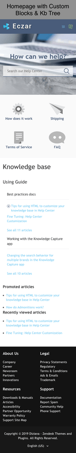 Diziana Eczar Theme Homepage with Custom Blocks and Knowledge Base Tree Mobile Version