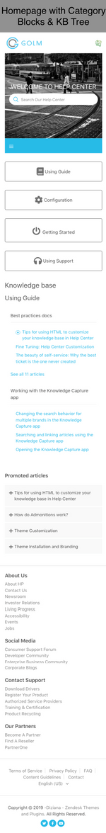 Diziana Golm Theme Homepage with Category Blocks and Knowledge Base Tree Mobile Version