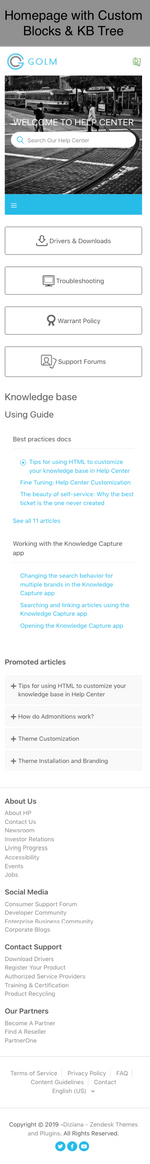 Diziana Golm Theme Homepage with Custom Blocks and Knowledge Base Tree Mobile Version