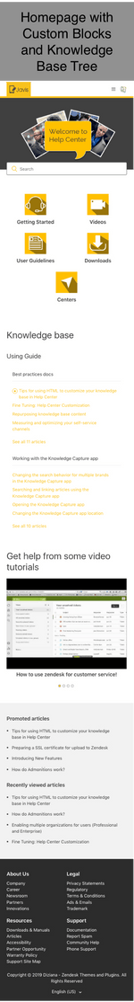 Diziana Javis Theme Homepage with Custom Blocks and Knowledge Base Tree Mobile Version