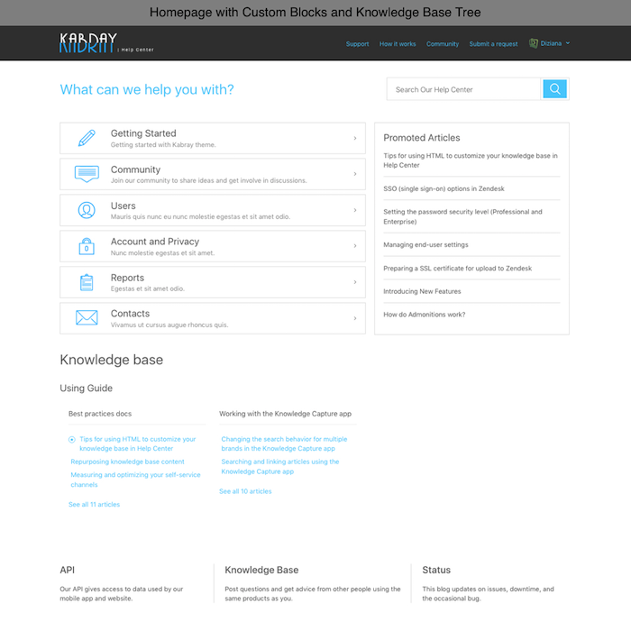 Diziana Kabray Theme Homepage with Custom Blocks and Knowledge Base Tree