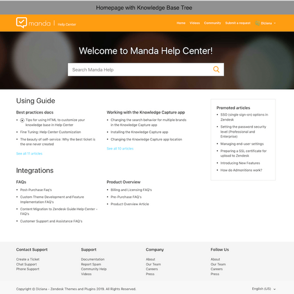 Diziana Manda Theme Homepage with Knowledge Base Tree
