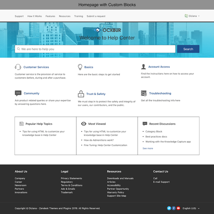 Diziana Ockbur Theme Homepage with Custom Blocks