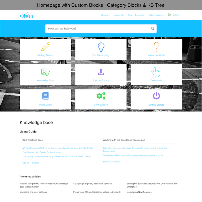 Diziana Ojom Theme Homepage with Custom Blocks, Category Blocks and KB Tree
