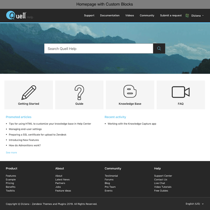 Diziana Quell Theme Homepage with Custom Blocks