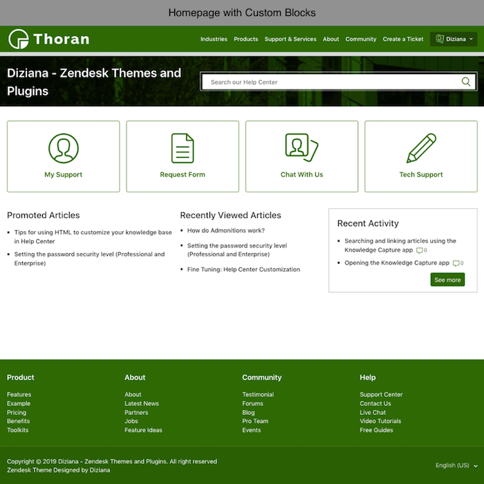 Diziana Thoran Theme Homepage with Custom Blocks