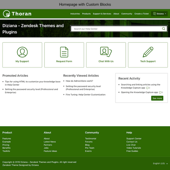 Diziana Thoran Theme Homepage with Custom Blocks