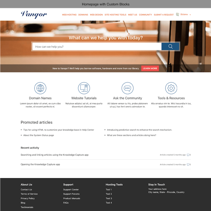 Diziana Vanqor Theme Homepage with Custom Blocks